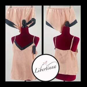 BEWICKED SZ L Peach Black Satin Sleep Shorts Pajama & Short 2 Piece Set NWT B131